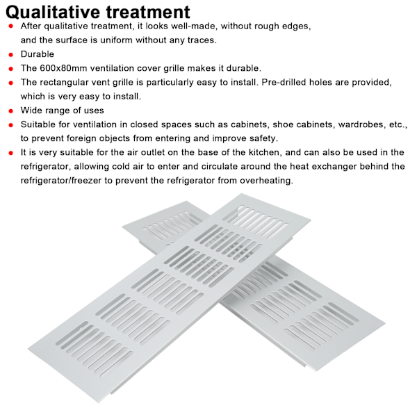 Ventilasjonsrist i aluminium, sølvfarget, rektangulær, for skap, garderobe, bobil, campingvogn, 80x250mm/3.14x9.84in