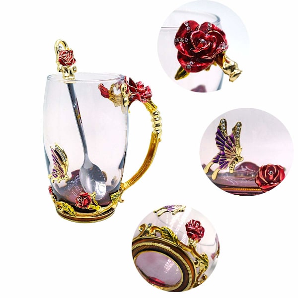 2 stk glas tekop, blyfri håndlavet emalje sommerfugl og blå rose blomster te krus med håndtag, unikke personlige fødselsdagsgave ideer til kvinder
