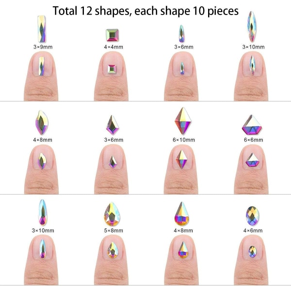 120 stk Multi Shapes Glass Crystal AB Rhinestones For Nail Art Craft, Mix 12 Style FlatBack Crystals 3D Decorations Flat Back Stones Gems Set (120