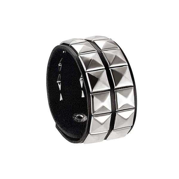 Unisex Sort Ægte Læder Sølv Pyramide Nitter Armbånd 80'er