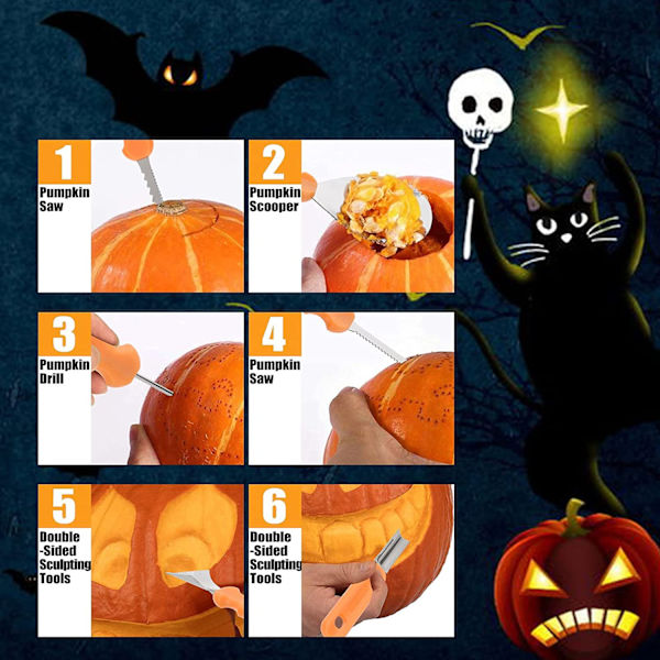 Halloween-græskarudskæringssæt, 7-delt græskarudskæringsværktøj i rustfrit stål med bæretaske, Halloween-dekoration, gør-det-selv-tilbehør, professionelt