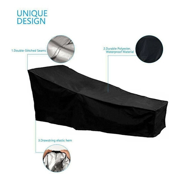 Överdrag för utemöbler, Universal Passform Schäslong, Vattentätt Slitstarkt Svart Material, 200L X 75B X 40H/80H CM