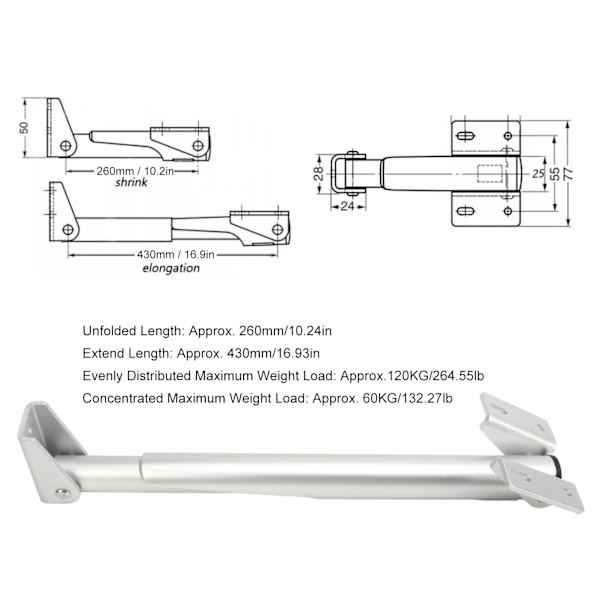 Tasojen pidike, 260‑430mm, alumiiniseos, taittuva hyllytuki, RV-keittiöön