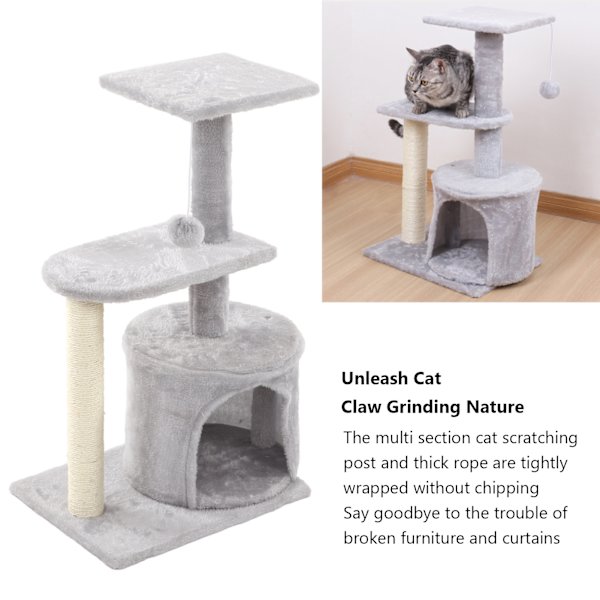 Kattestre Spacious Space Multi Layer Kattenskrape Tårn Lekeutstyr med Hengende Plysjball for Alle Sesonger