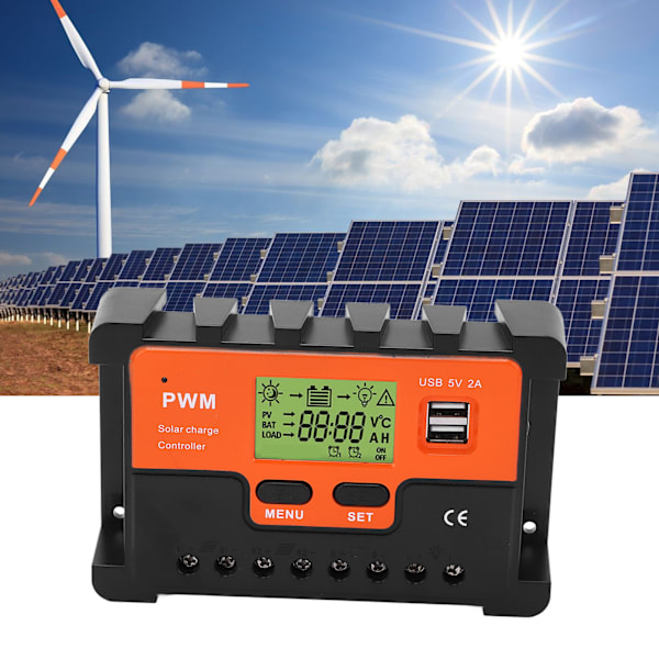 PWM Solarkontroller 12V/24V Automatisk Identifiering Vattentät 28AWG Till 10AWG 20A Solarkontroller med 2 USB 5V Utgång LCD