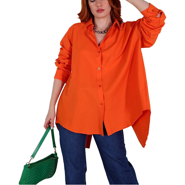 Öppen Rygg Blus med Knäppning Nedfälld Krage Trendig Personlighet Enfärgad Öppen Rygg Blus Orange M