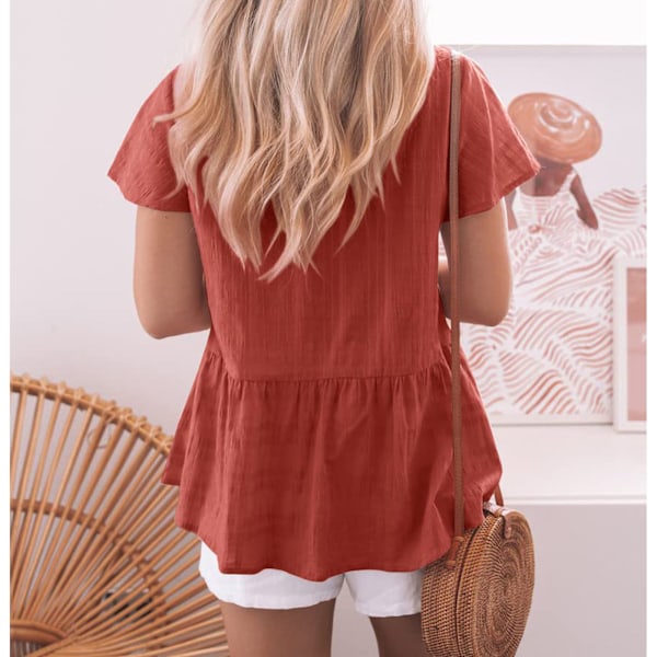 Dam Blus med V-ringning, Kortärmad, Lös, Enfärgad, Knappar, Rynkad Kant, Babydoll-Topp för Fest, Vinröd, XL