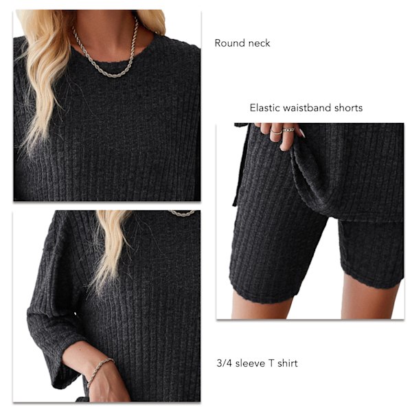 Dam 2-dels set 3/4 Ärm Ribbstickad Rund Hals Oversized Casual T-shirt Shorts Set Mörkgrå L