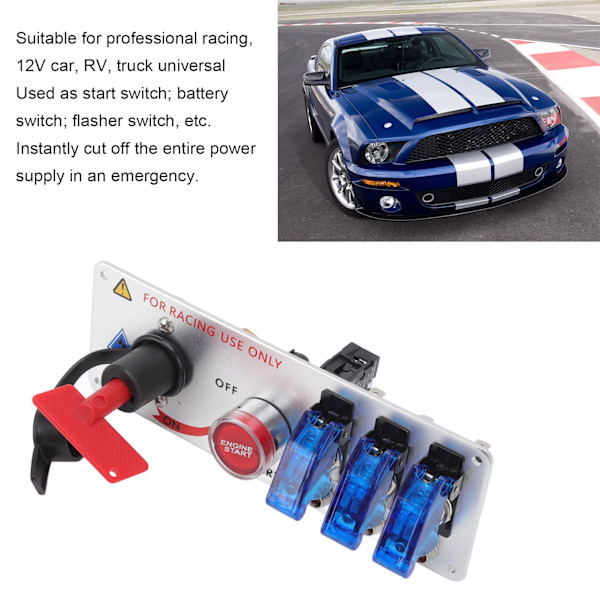 5-i-1 12V LED Toggle Tændingsswitchpanel med Motorstart-tryknap til Racerbil RV Truck Blå