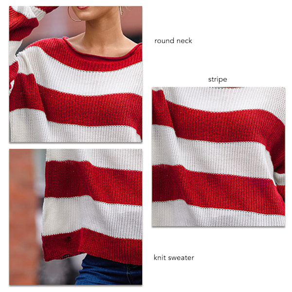 Damstickad Tröja Rund Hals Mode Stil Casual Randig Kontrastfärg Lös Långärmad Pullover Jumper Röd L