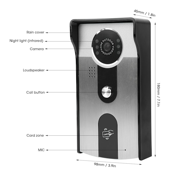 7 tommer LCD Videodørklokke Ledningsført 2-vejs Radio Nattesyn TFT Display ID-kort Regntæt 100‑240VEU Stik