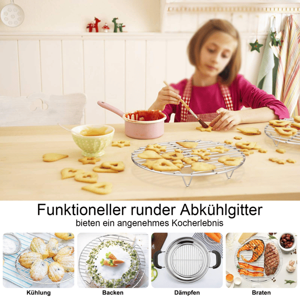 Fødevaresikker Madlavningspartner, Glat Rustfri Rund Dampindsats, Sæt med 2 Ø 27 cm Bage- og Kølerist i Rustfrit Stål, Multifunktionel, Perfekt til