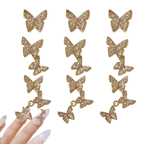 9 stk 3D Butterfly Nail Charms Krystaller Diamanter Rhinestones,