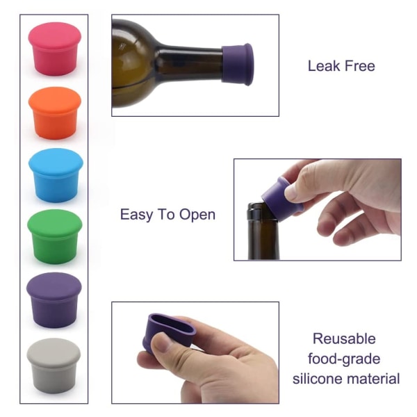 6st vinflasklock, silikonkork,garanterad vinkvalitet,flerfärgade