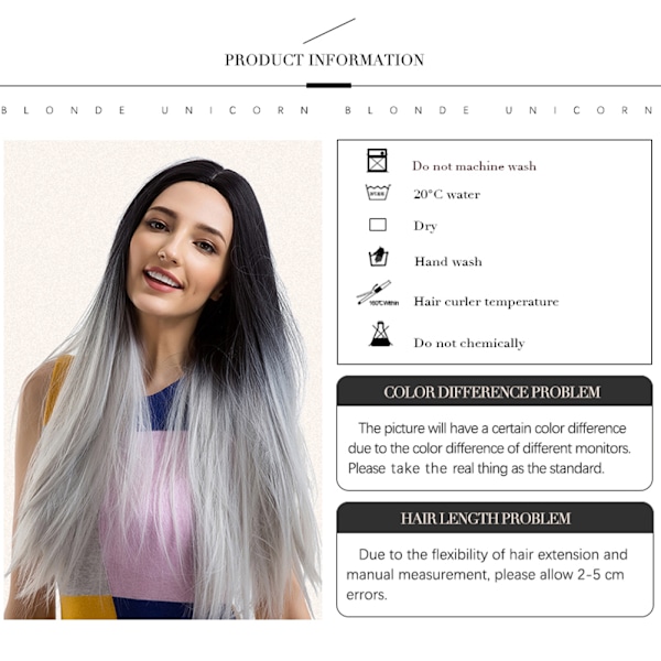 Naisten pitkä musta ja harmaa suora synteettinen hiuslämmin kestävä cosplay-peruukki