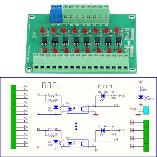 Optisk Isolasjonsmodul 24V til 5V 8-kanals Optocoupler PLC Signalomformerkort