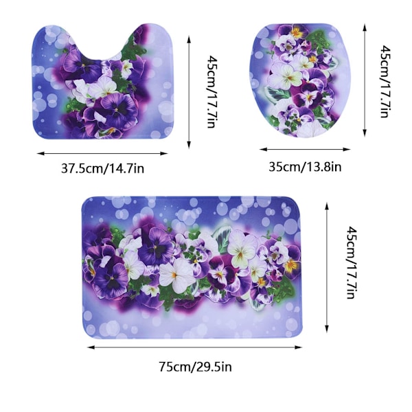 3-delt sett med baderomsteppe med trykk, sklisikkert dusjtrinn, toalettsetetrekk og badmatte (M)