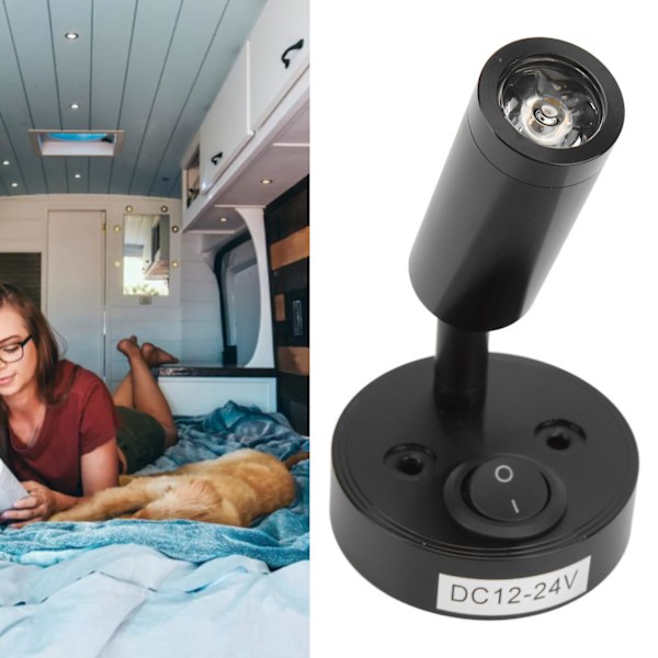 12‑24V 3W LED Læselampe Soveværelse Sengelampe Krom Aluminium Legering til Båd RV SUV Trailer Sort Varmt Hvid