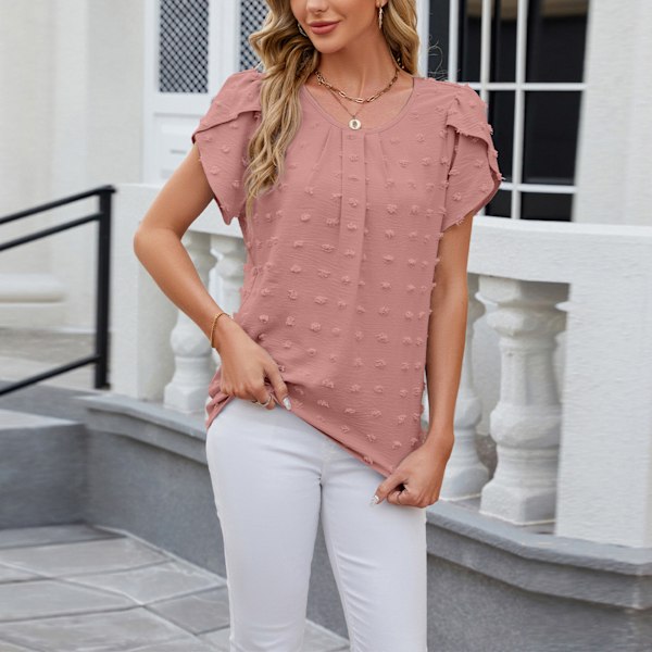 Dam Kortärmad Topp Rund Hals Elegant Enfärgad Trendig Sommarskjorta för Vardag Shopping Dejting Rosa L
