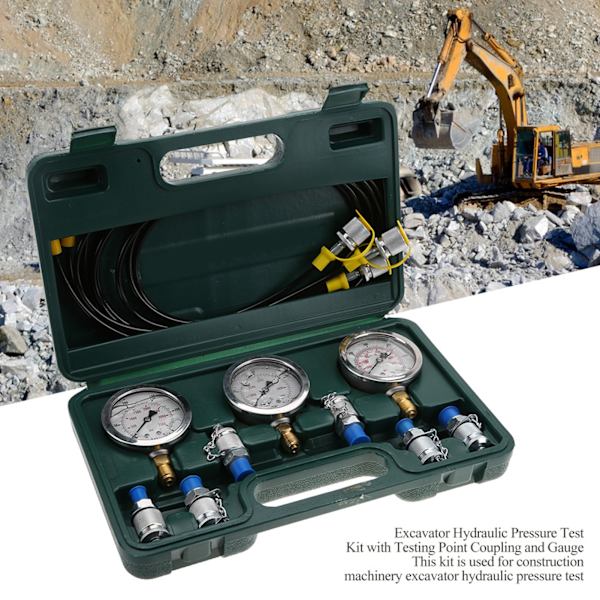 Kaivinkoneen hydraulipaineen testaussetti testauspisteliittimellä ja mittarilla