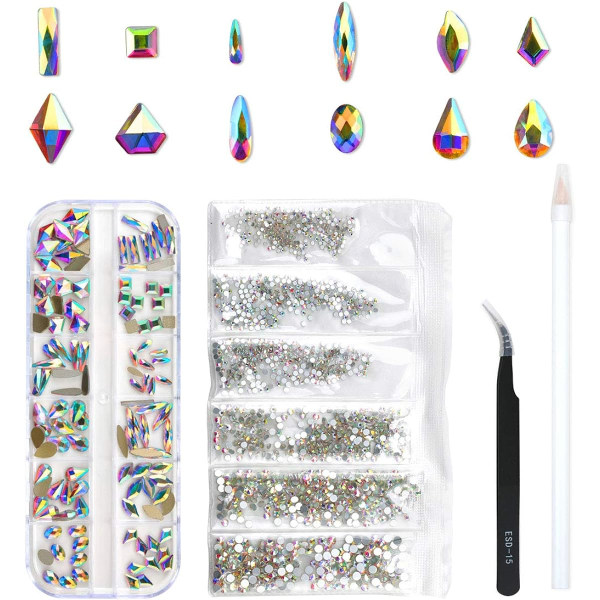 120 stk Multi Shapes Glass Crystal AB Rhinestones For Nail Art Craft, Mix 12 Style FlatBack Crystals 3D Decorations Flat Back Stones Gems Set (120