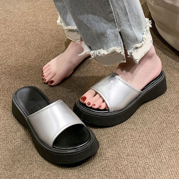 Platform Slidesandaler Bløde Sål Antislip Komfortable Slip On Sandaler til Hjem Strand Shopping Sølv 38