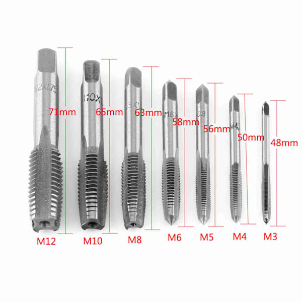 7st Metriska Gängstål Tappverktyg M3, M4, M5, M6, M8, M10, M12