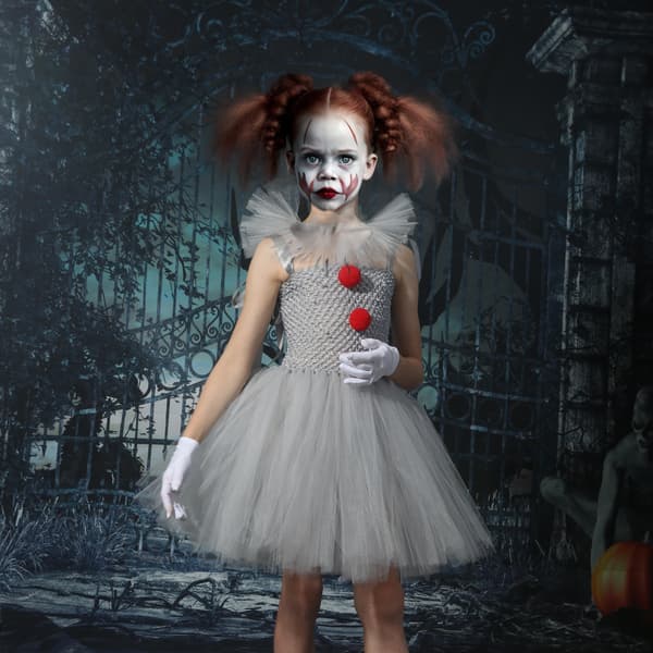 Clown Klänning Barn Mesh Prinsessklänning Set Barn Halloween Performance Kostym