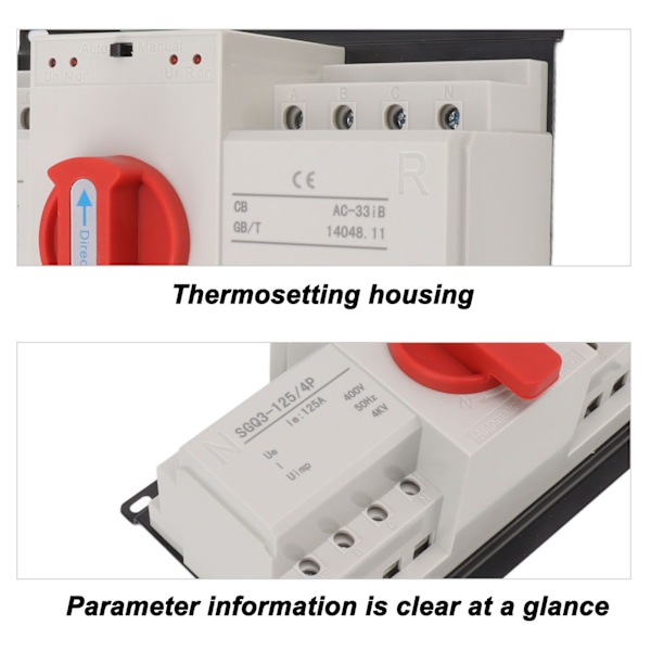 Kaksoisvirtainen automaattinen siirtokytkin Automaattinen ja manuaalinen tila Siirtokytkin kodin ja rakennusten käyttöön 400V 125A CB-luokka