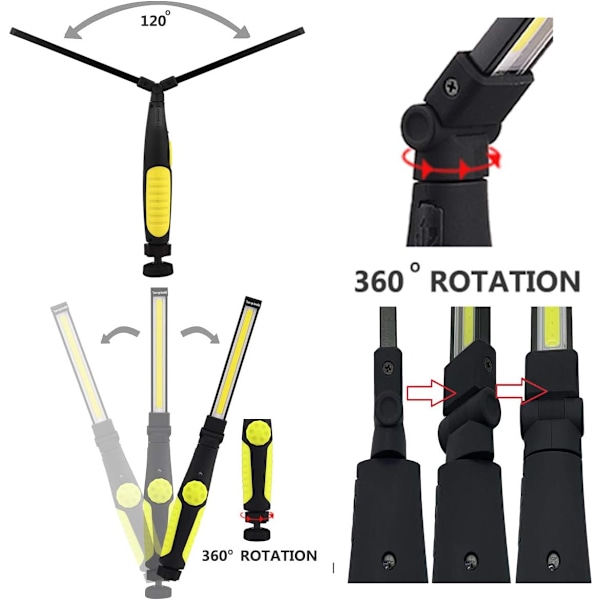 Mångsidigt bilreparationsverktyg, uppladdningsbar arbetslampa med magnetisk bas och 360 graders rotation för oöverträffad belysning, gul COB LED