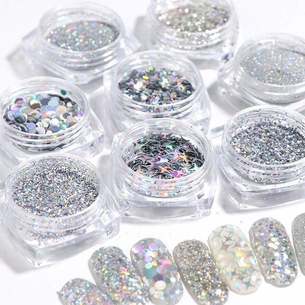Holografiska Nagelkonst Paljetter, DIY Nagelkonst Glitter Ädelsten för Iögonfallande Naglar, 8 Ask Silver Metallic Glänsande Flakes med Säker Hudvänlig Formula