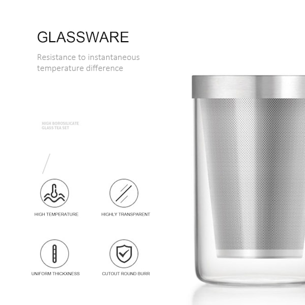 Elegant tekopp i borosilikatglas med sil och lock, blyfri och BPA-fri för säker bryggning hemma eller på kontoret