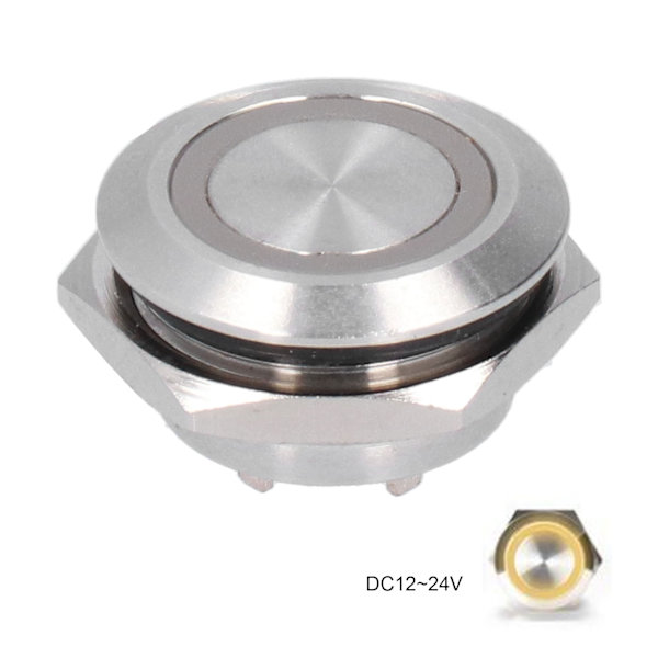 5 stk. Momentane Trykknapsbrytere Metal Auto Reset Ultra Tynd Vandafvisende med LED 19mmDC12~24V Gul