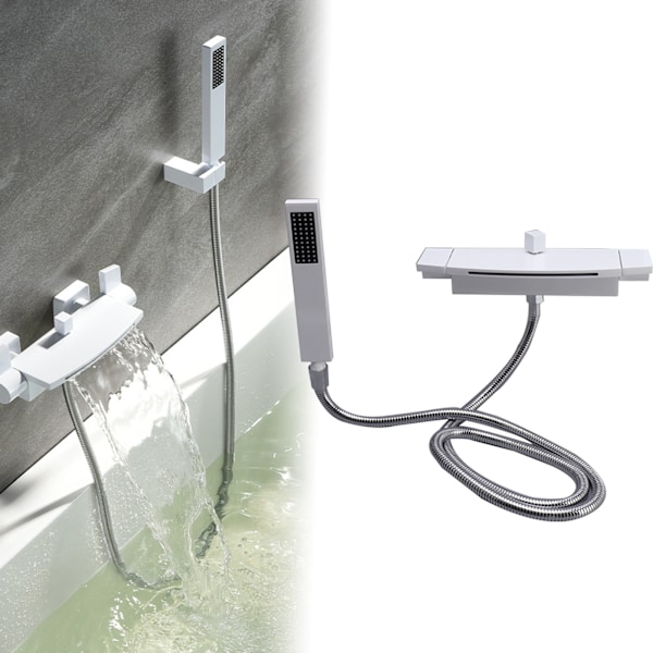 Duschblandare Set Vattenfall Badkar Blandare Dubbelkontroll Väggmonterad Duschkar Blandare Set Med Sprayer Hon-Hane Gänga G1/2 Vit