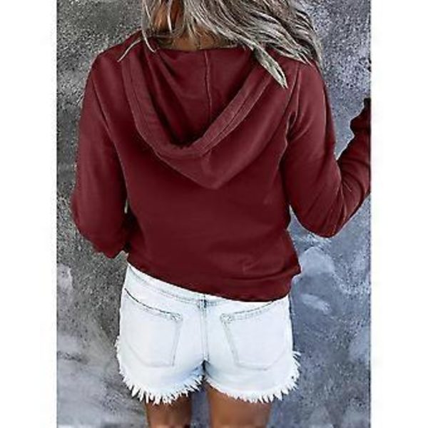 Dame Knap Front Hættetrøje Pullover Langærmet Efterår Vinter Sweatshirt Top SweaterM( style1904)
