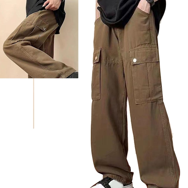 Mænds Løse Bukser Casual High Street Sidelommer Koncise Straight Japansk Forår og Efterår Bukser Brun L