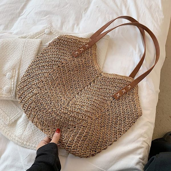 Hulvævet strandtaske til kvinder, håndvævede boheme-skuldertasker, kurvtaske, stråtaske, raffia-taske, sommerhalmtaske med lynlås og læder