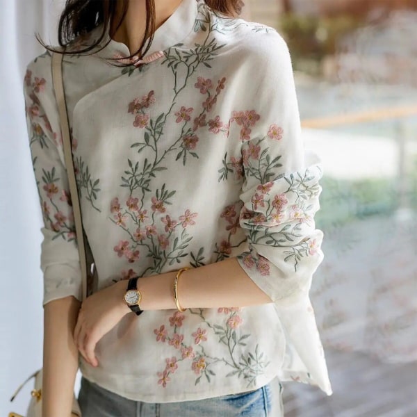 Broderad långärmad T-shirt Bohemisk blommig tunikatopp