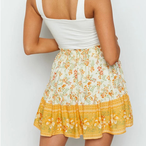 Kvinnors Rynkad Kant Skjort Floral Tryckt Elastisk Etnisk Kort Skjort För Sommar Vår Höst Gul XL