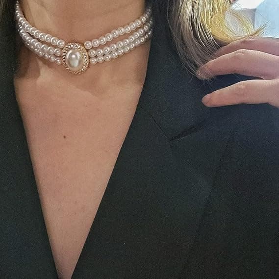 Perlehalskæde, 3-rækket chokerring, simuleret perle, rhodium P