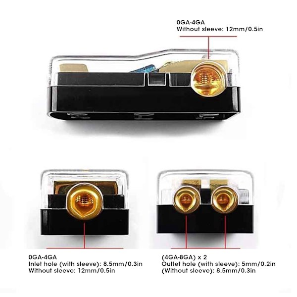1 Sisään 2 Ulos 0/4 AWG - 4/8 AWG Audiotehon Sulakepidike Laatikko Läpinäkyvällä Kannella Autolle, Kuorma-autolle, Veneelle, RV:lle
