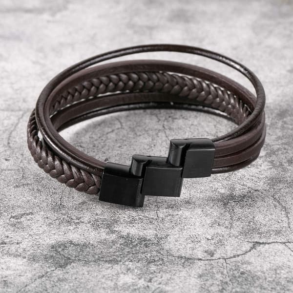 Herre ægte læderarmbånd og multiarmbånd i rustfrit stål