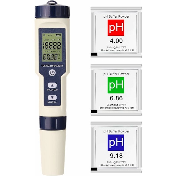 pH-mätare, 5-i-1 Vattentestare Multifunktionell Test Hög Noggrannhet För Dricksvatten, Hydroponik Och Vattenmiljöer (Avancerad)