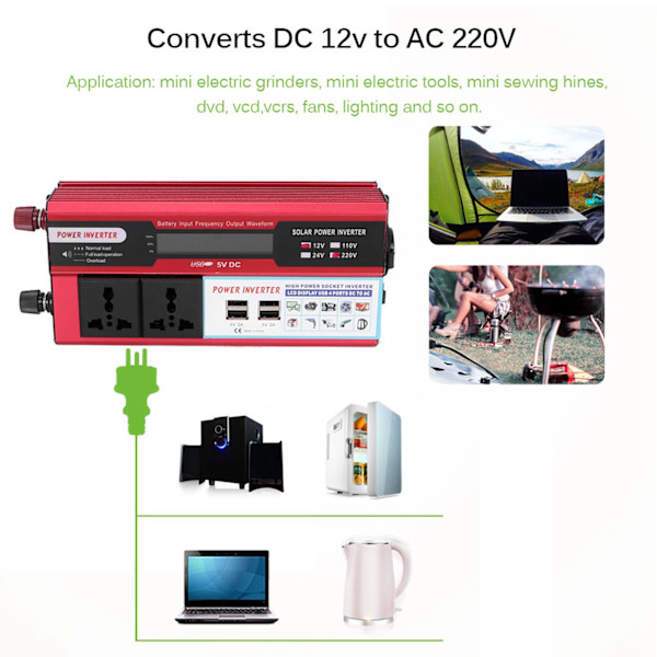 Auton 750W Aurinkoenergian Muunnin Digitaalinen Näyttö Puhelin 4 USB Lataus