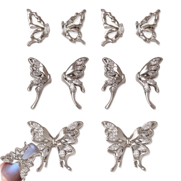 3D Aloy Butterfly Nail Charms, 10 Stk Guld/Sølv Metal