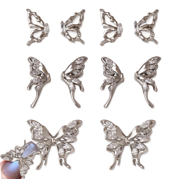 3D Legering Butterfly Nail Charms, 10 stk Gull/sølv metall