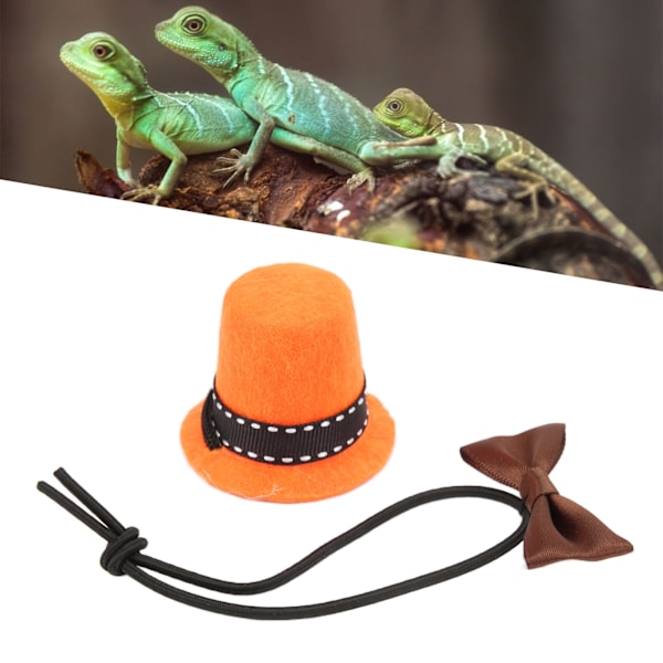 Reptilhatt och Fluga Justerbar Små Djur Mini Hatt Fluga för Reptiler Ödlor Hamster Orange Hatt och Kaffe Fluga