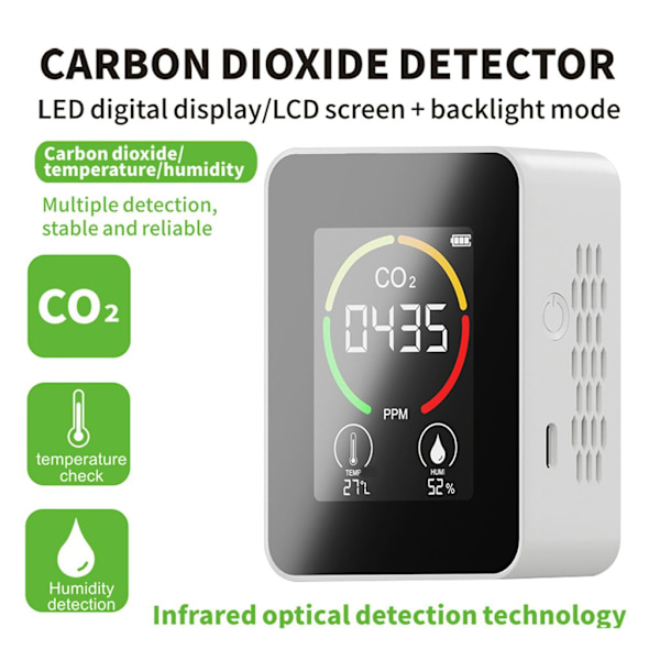 Bärbar 3 i 1 Luftkvalitetsmätare, Vit NDIR CO2-detektor med Intelligenta Varningar, Lämplig för Inomhusbruk