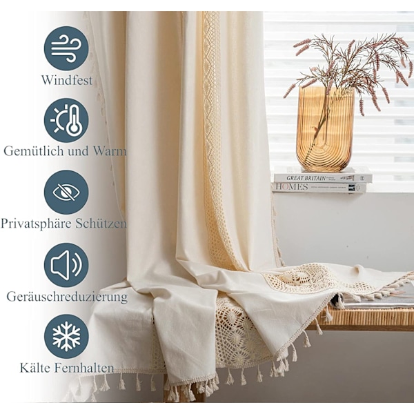 Bohemiska broderade gardiner med linneliknande textur, bohemisk chic stil med kanal för gardinstång för insynsskydd och heminredning, halvljusreducerande funktion för alla