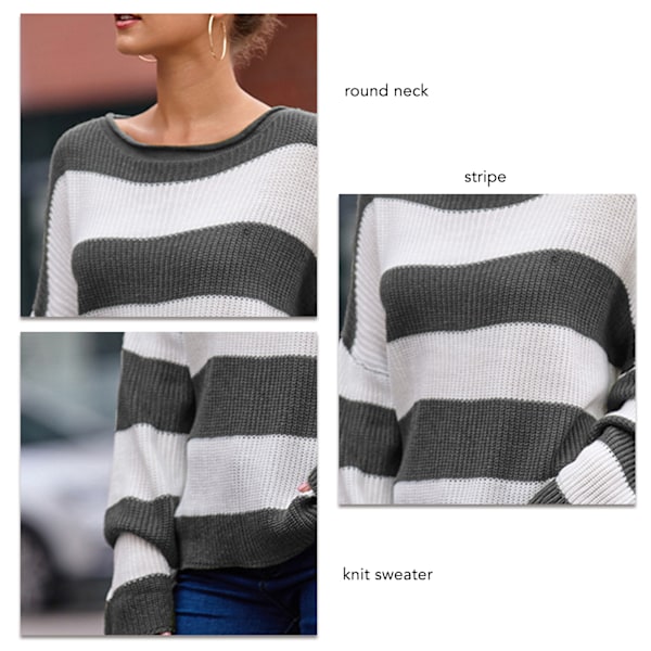 Damstickad Tröja Rund Hals Mode Stil Casual Randig Kontrastfärg Lös Långärmad Pullover Jumper Grå XL